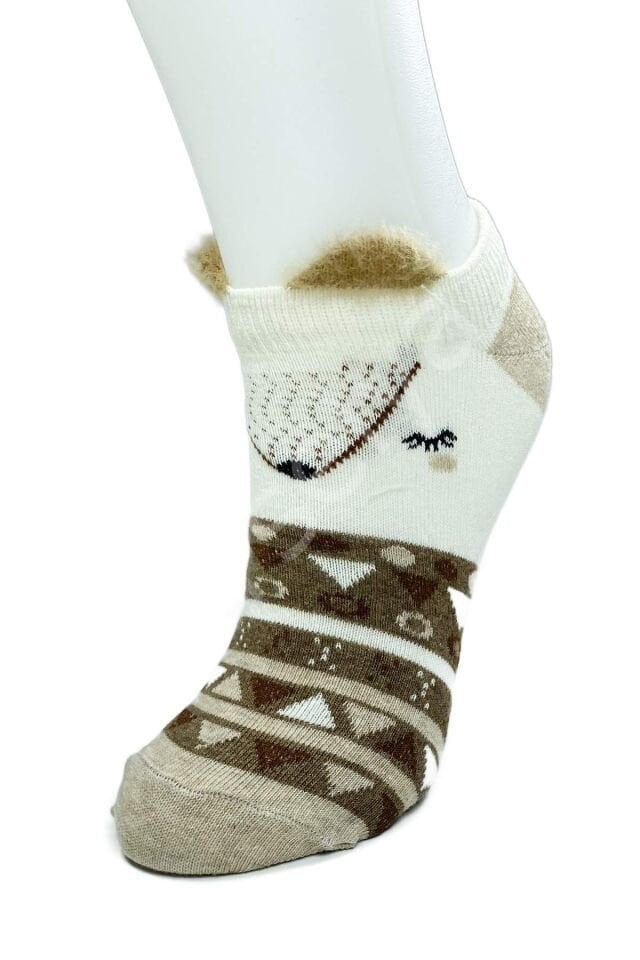 4 Çift Yumuşak Ponpon 3 Boyut Kulaklı Desenli Pamuklu Kadın Bilek çorap