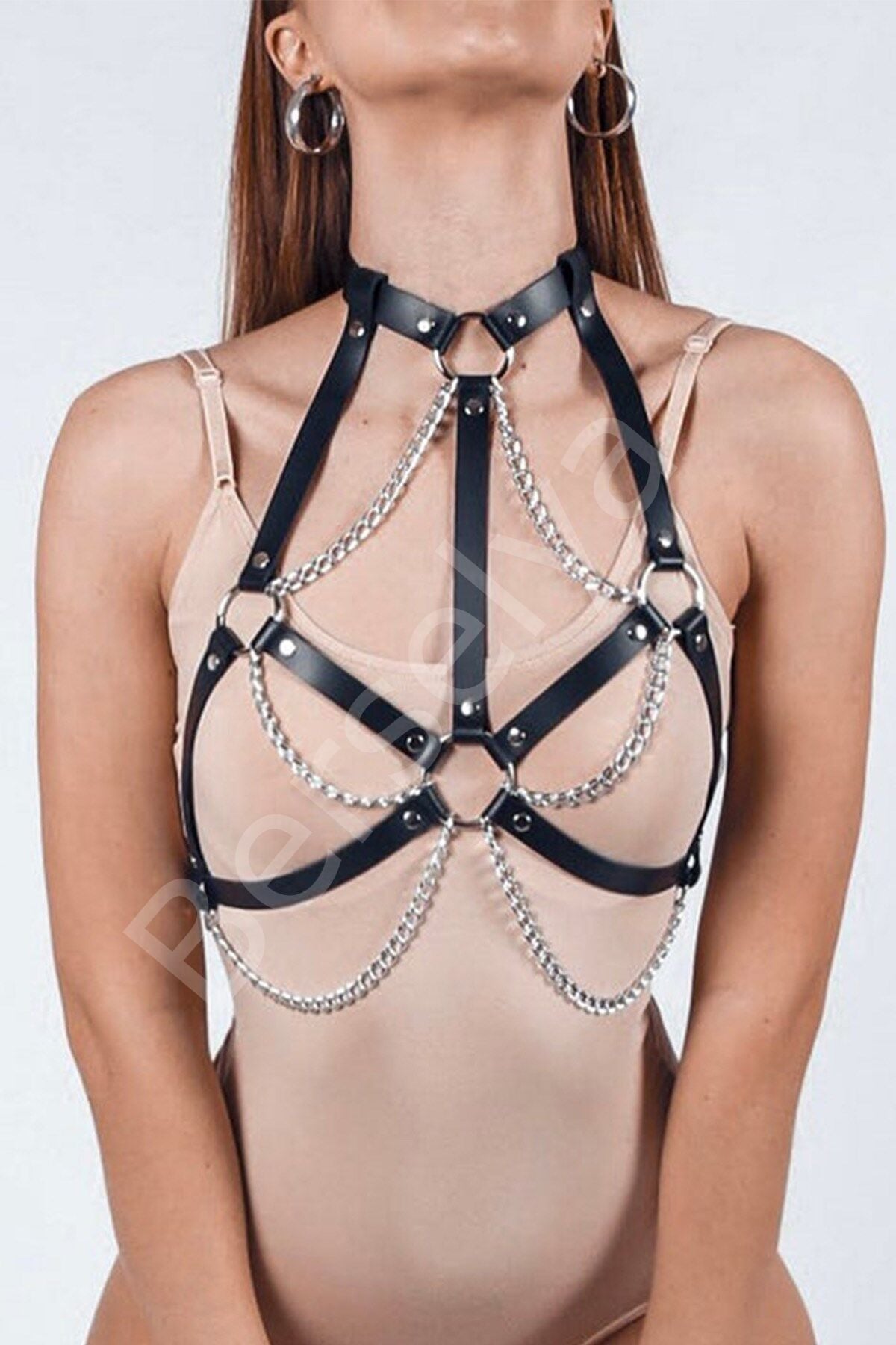 Boyunluklu Zincirli Fantazi Harness Deri Sütyen 1121