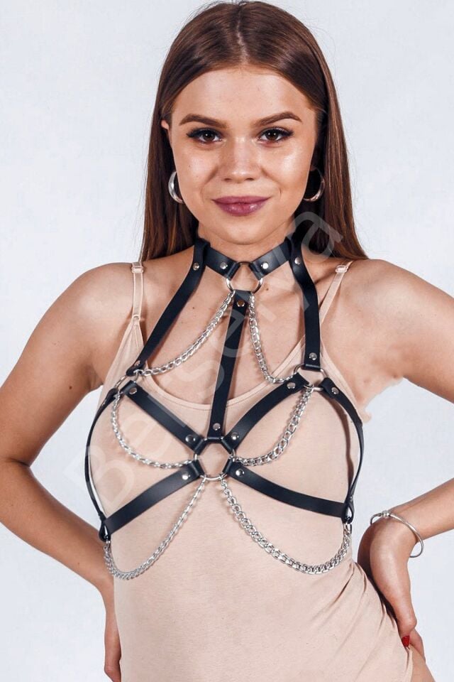 Boyunluklu Zincirli Fantazi Harness Deri Sütyen 1121