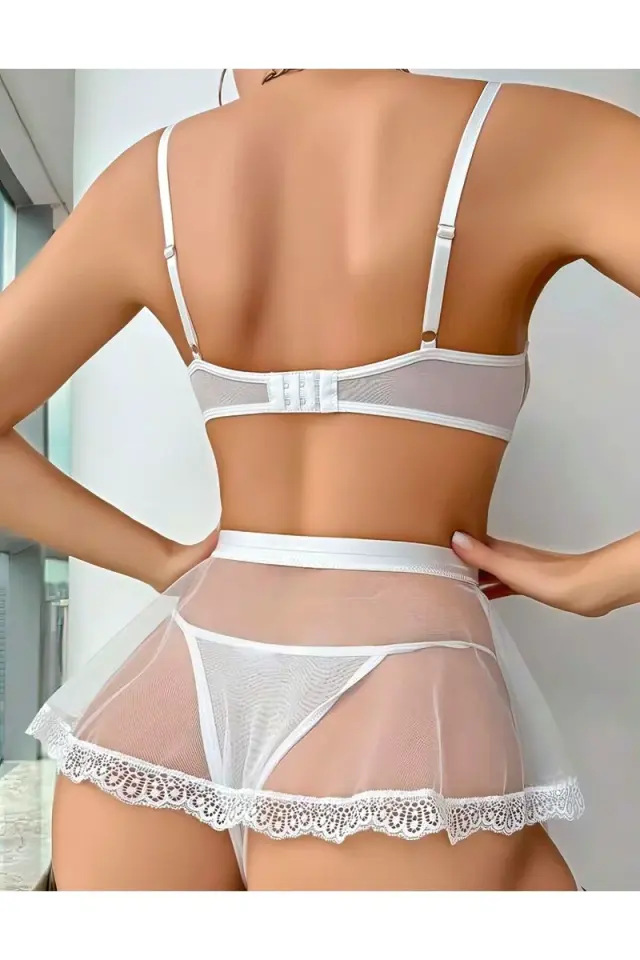 Kadın Beyaz Bacak Bantlı Tül Etekli Seksi Fantezi Gecelik