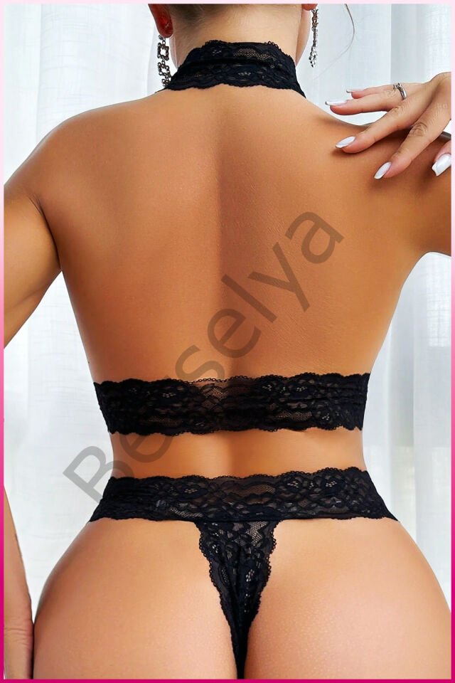 Siyah Dantel Şeritli Seksi Sütyen Külot Takım