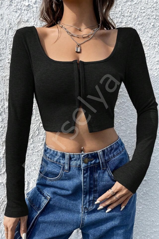 Kadın Siyah Uzun Kollu Agraflı Göğüs Ve Göbek Dekolteli Crop Top Bluz