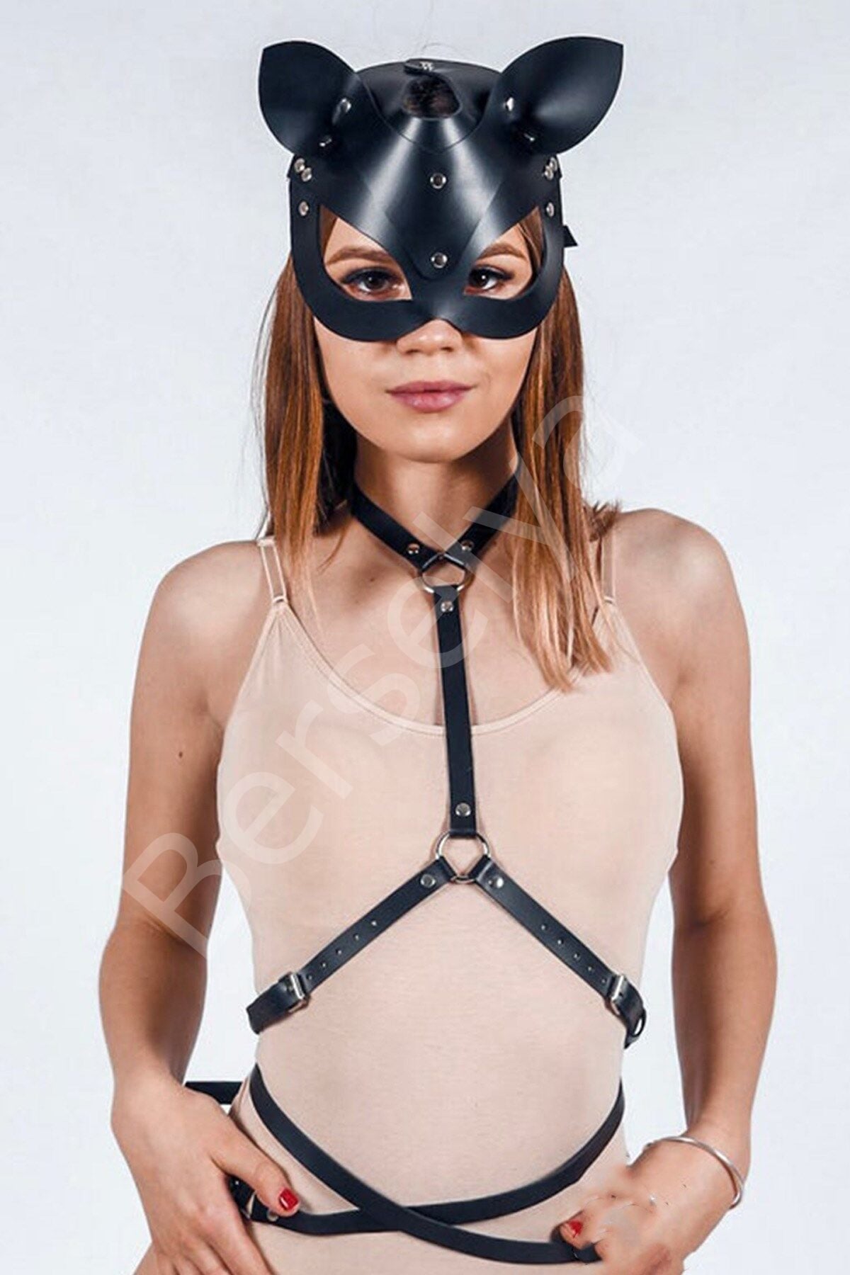 Maskeli Özel Tasarım Fantazi Deri Harness Seti 1123