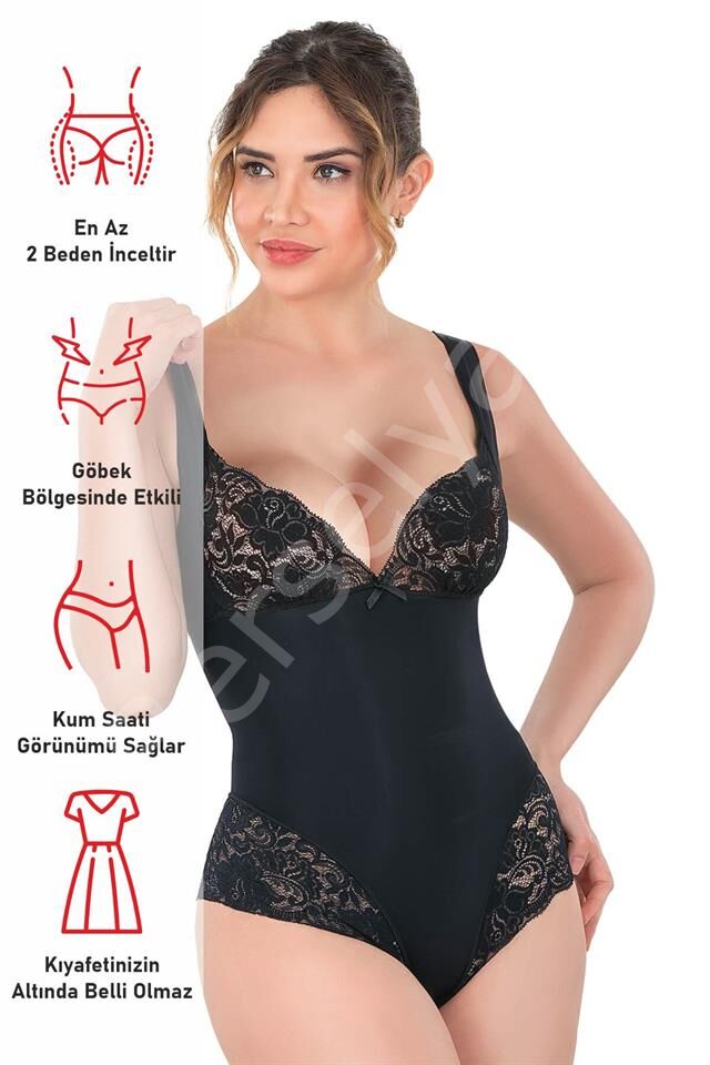 Siyah Emay 2947 Dantelli Agraflı Body Korse