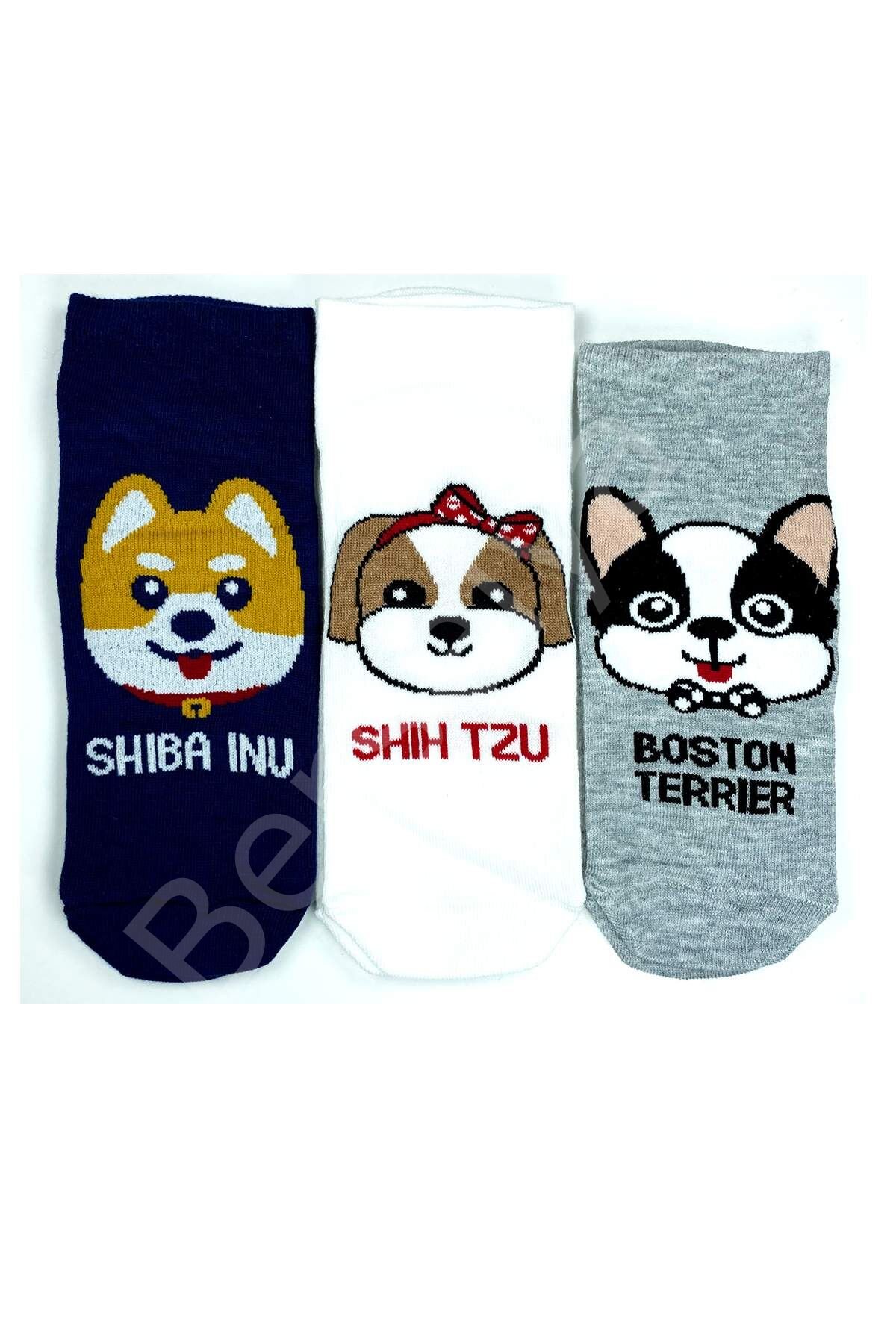 3 Çift Sevimli Köpek Temalı Baskılı Yumuşak Kadın Bilek Çorap