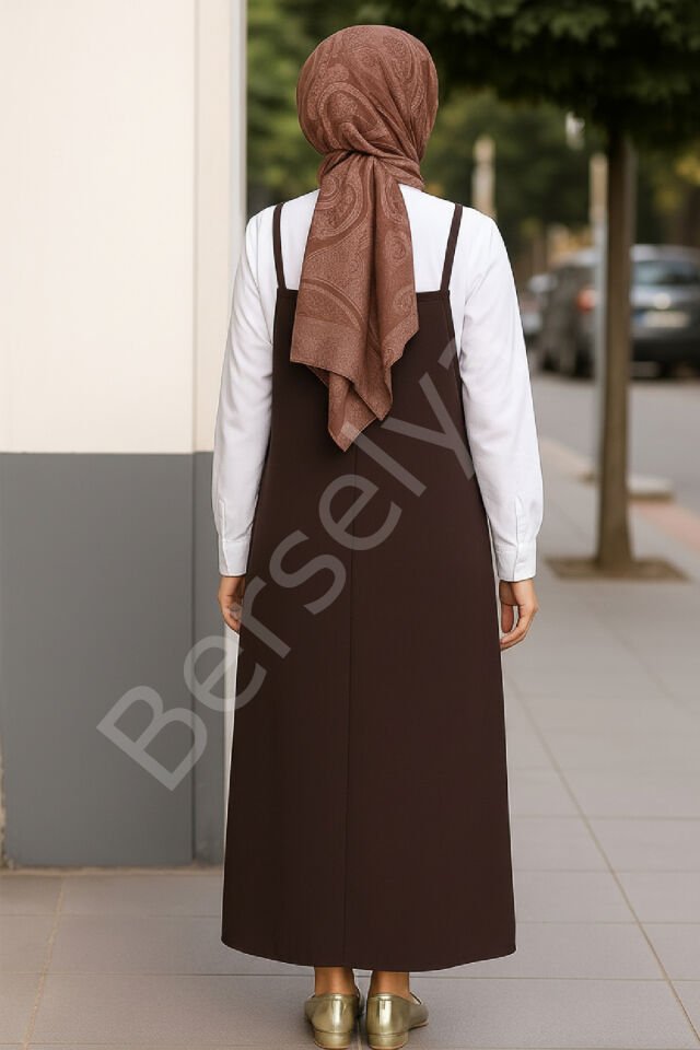 Kadın Acı Kahverengi Basic Ayarlanabilir Askılı Jile Elbise