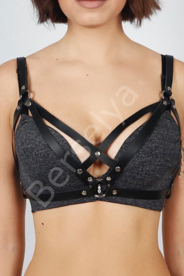 Şık Fantazi Deri Sütyen Jartiyer Harness Seti 1129
