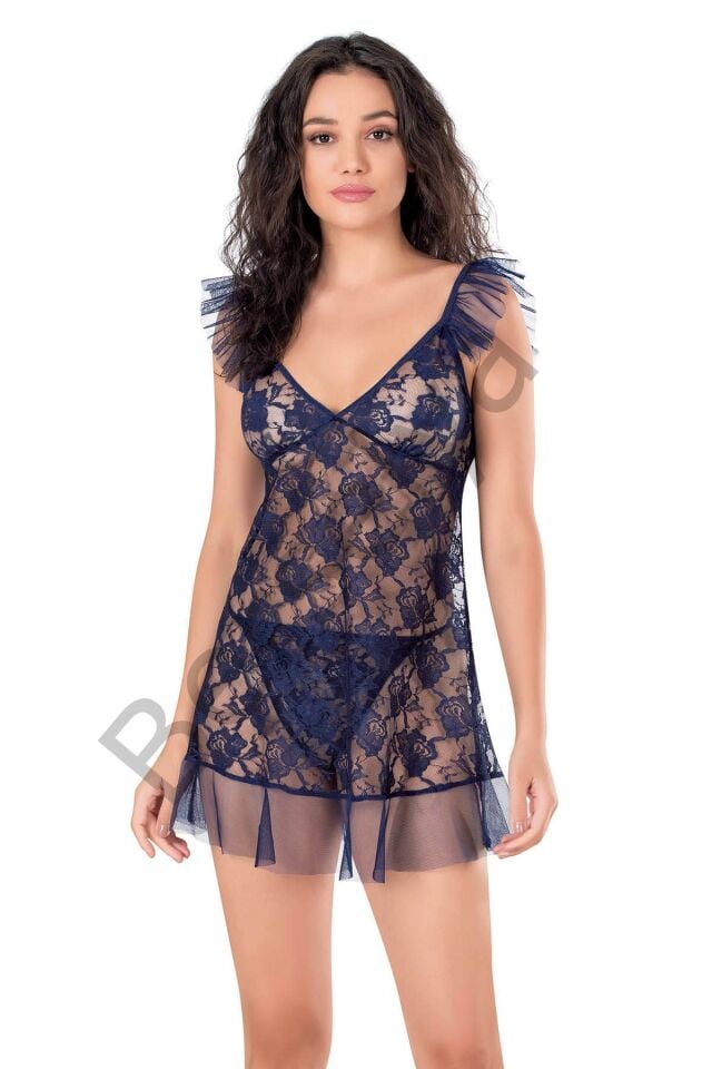 Lacivert Kısa Tül Gecelik