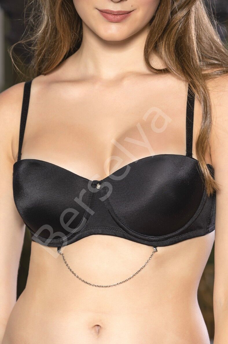 Siyah Zincir Detaylı Askısı Çıkarılabilir Push-up Sütyen, Kadın İç Giyim