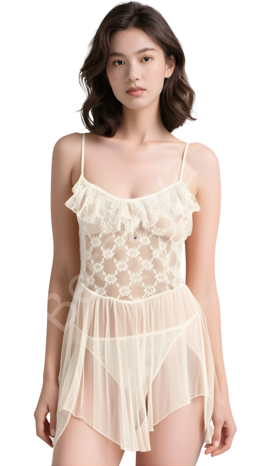 Luna Lora Fildişi Tül Mini Gecelik Zarif Kadın Gece Elbisesi