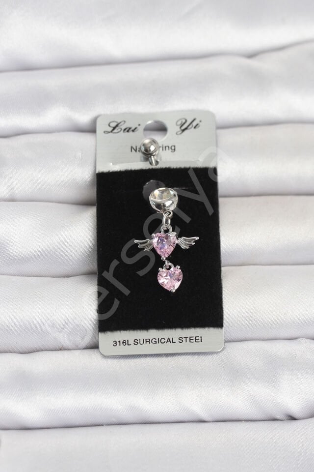 316L Cerrahi Çelik Pembe Zirkon Taşlı Kanat Model Göbek Piercing