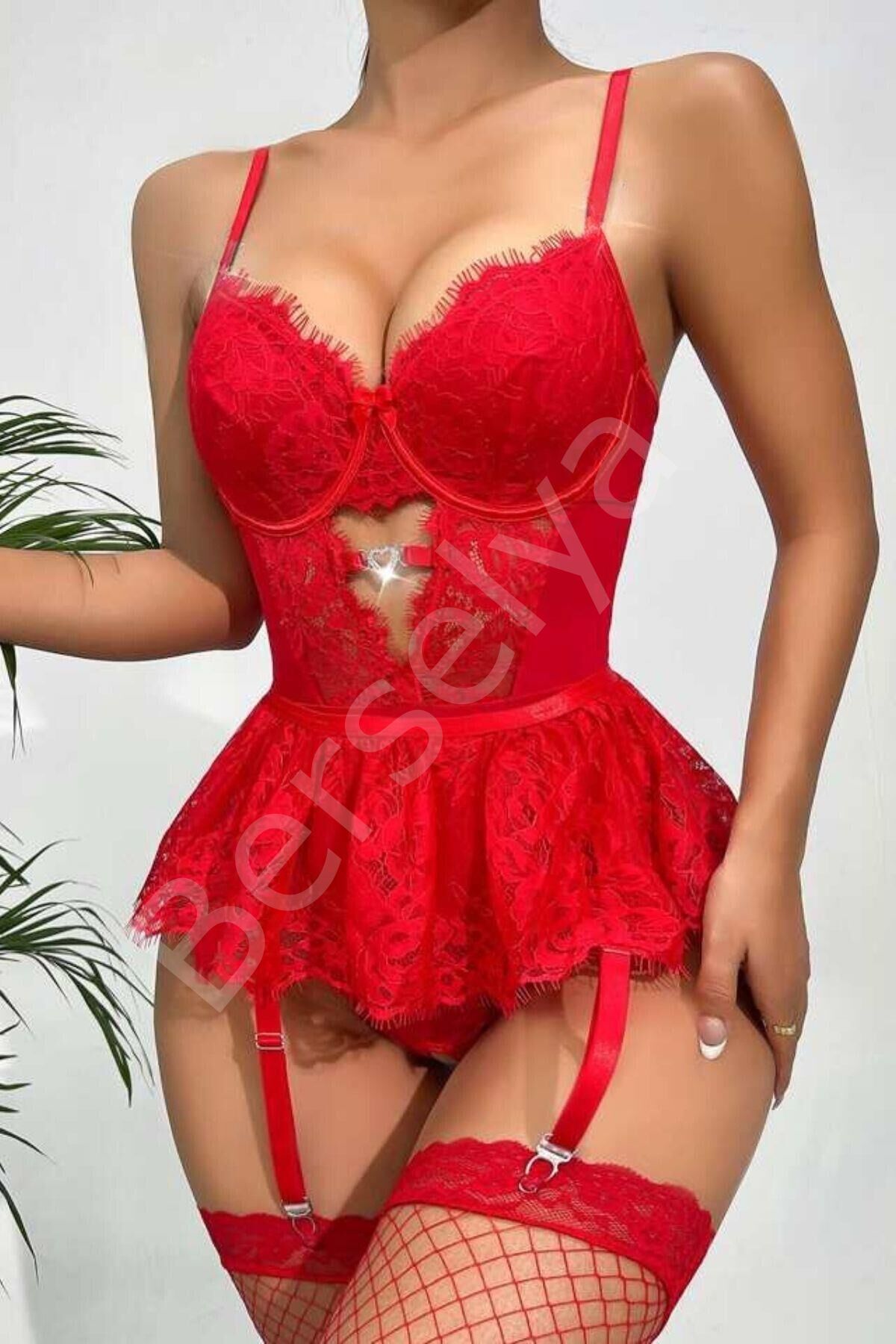 Kırmızı Dantelli Etekli Babydoll Takım 16517