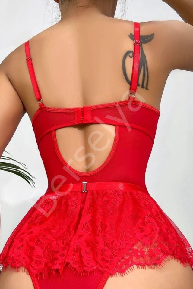 Kırmızı Dantelli Etekli Babydoll Takım 16517