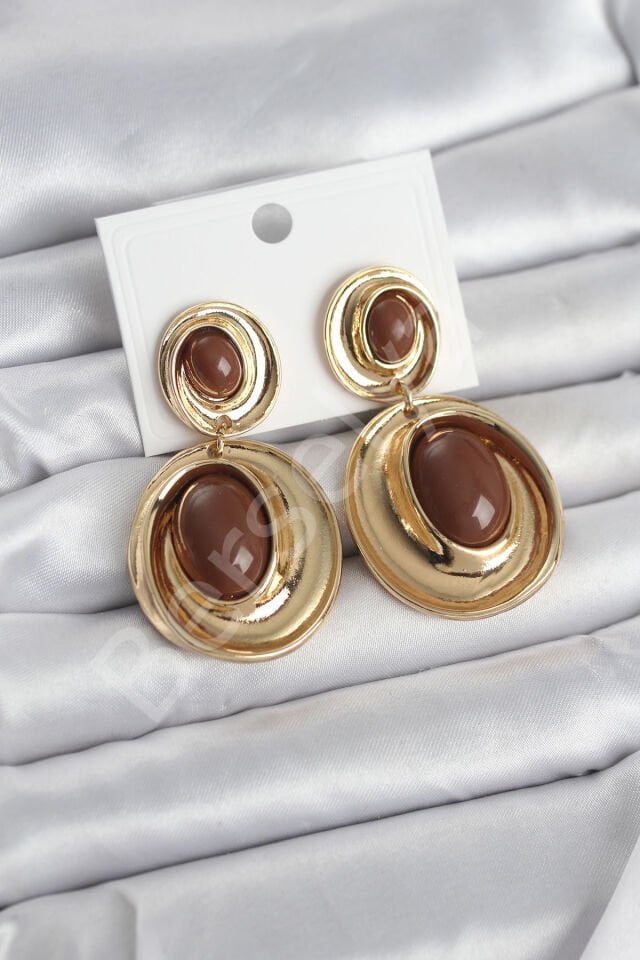 Kahverengi Sallantılı Damla Model Gold Renk Vintage Kadın Küpe