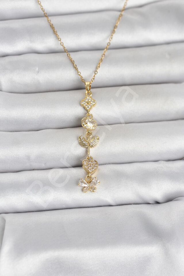 316L Çelik Gold Renk Şans Kolyesi Y Model Zirkon Taşlı Kadın Kolye