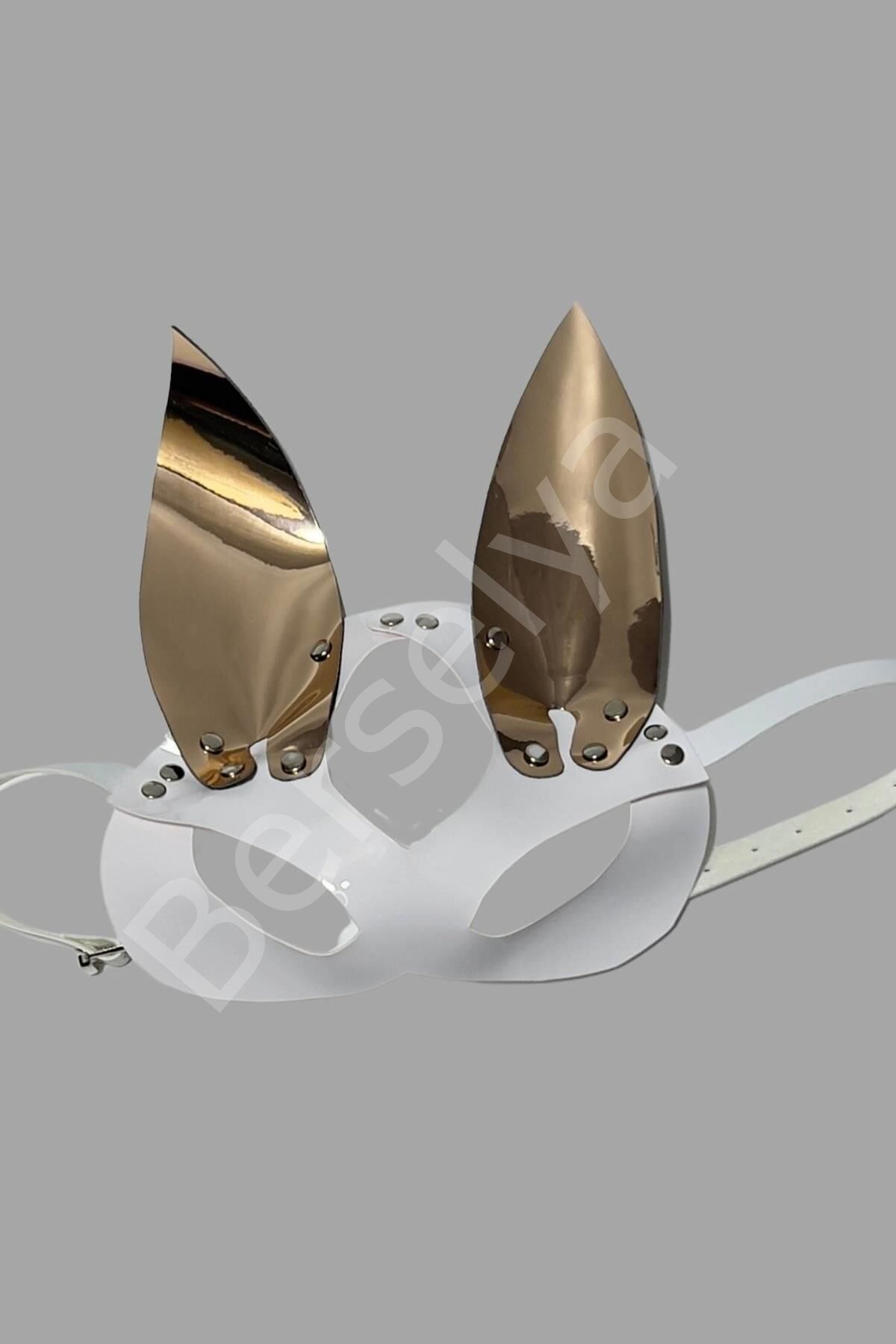 Beyaz/gold Tavşan Kulaklı Deri Sexi Maske 800488