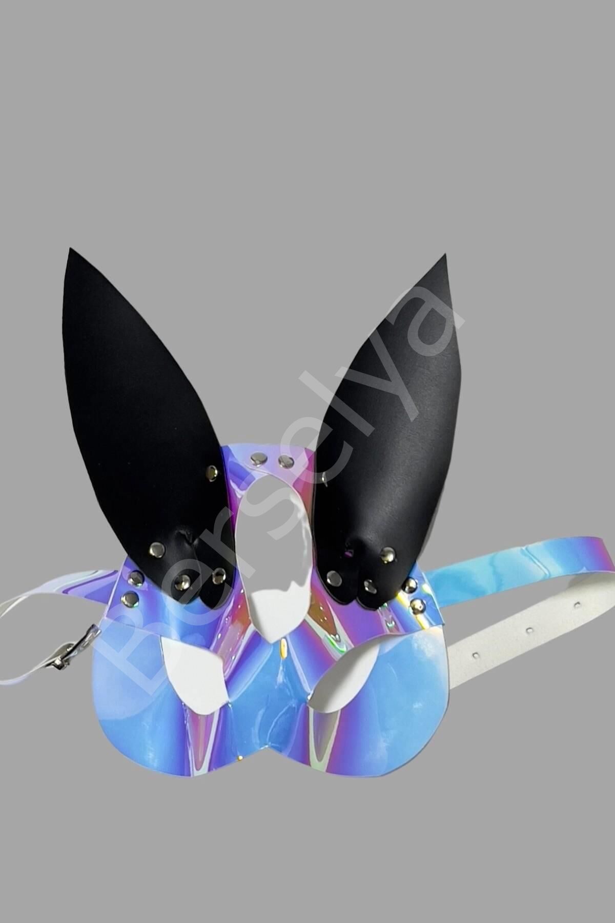 Gümüş/siyah Tavşan Kulaklı Deri Maske 800487