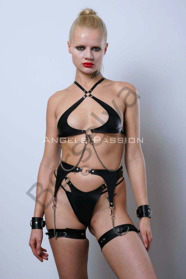 Deri Jartiyer Takım, Zincir Detaylı Şık Fantezi Takım, Deri İç Giyim - Brf1219