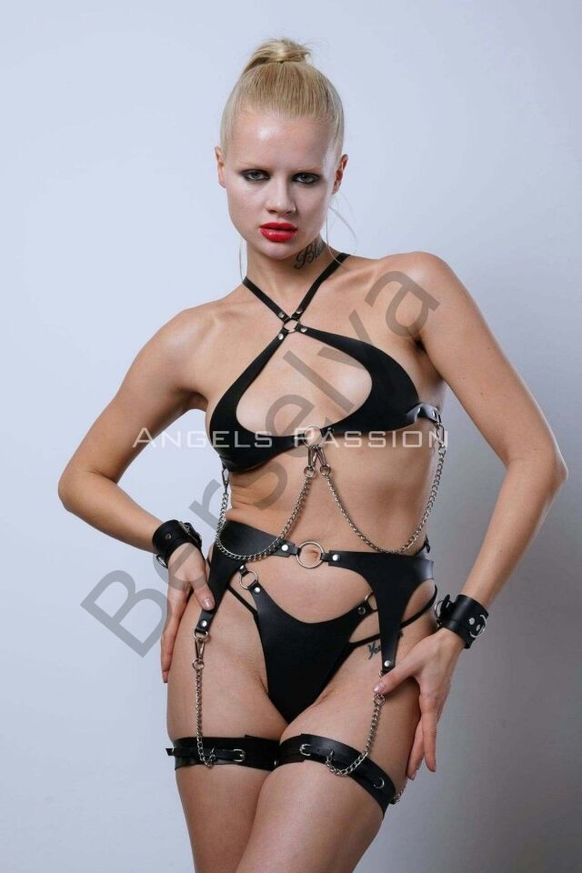 Deri Jartiyer Takım, Zincir Detaylı Şık Fantezi Takım, Deri İç Giyim - Brf1219