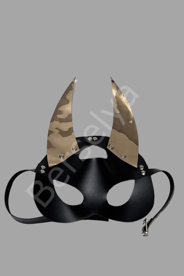Siyah/gold Sivri Uclu Kulaklı Deri Maske 800471
