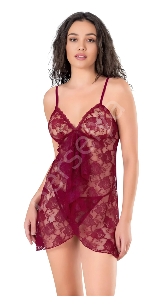 Luna Lora Bordo Tül Mini Gecelik Zarif Kadın Gece Elbisesi