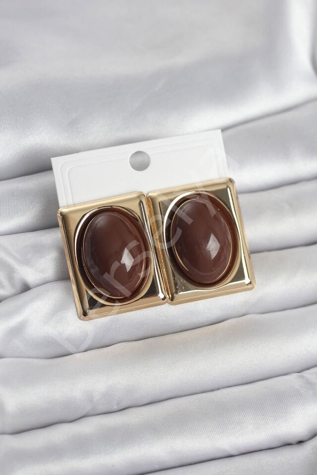 Kahverengi Kare Model Vintage Gold Renk Kadın Küpe