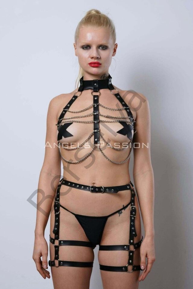 Zincir Detaylı Deri Jartiyer Harness Takım, Deri Zincirli Fantezi Takım - Brf1262