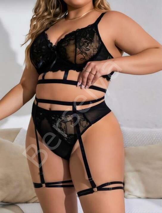 Büyük Beden Siyah Dantel İşlemeli İpli Fantezi Jartiyer Takımı