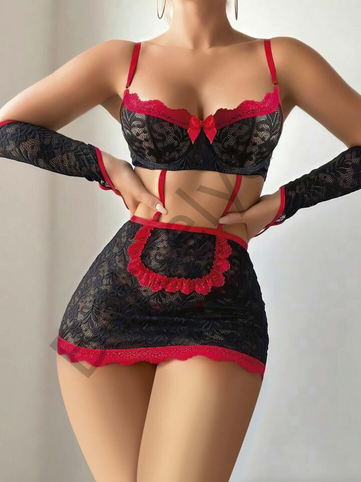 5 Parça Kırmızı Siyah Dantel Çiçek Desen Hizmetçi Model Özel Fantazi Tanga Hediyeli 3815