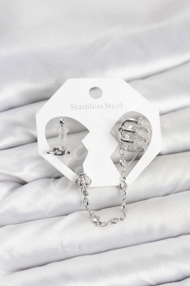 Pirinç Gümüş Renk Sarmal Model Zincir Bağlantılı Ear Cuff Küpe Seti