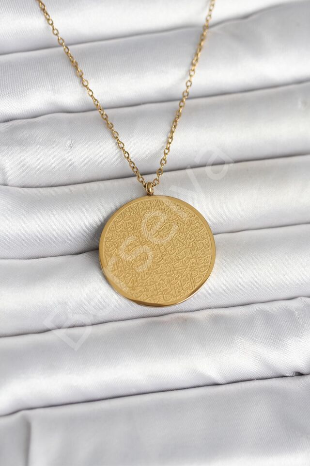 316L Çelik Gold Renk Ayetel Kürsi ve Allah Yazılı Kolye