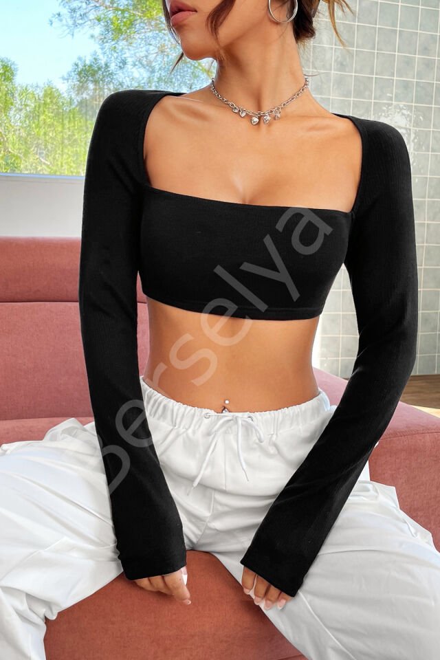 Kadın Siyah Uzun Kol Göğüs Ve Sırt Dekolteli Crop Top Bluz