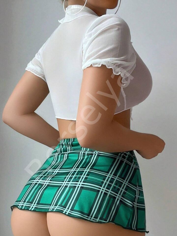 Kravatlı Yeşil Ekose Desen Etekli Fantezi Liseli Kostüm