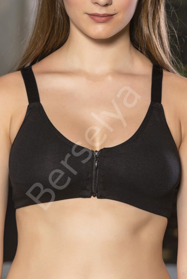 Siyah Önden Fermuarlı Pamuklu Sütyen,günlük Ve Medikal Kullanım İçin, Kadın İç Giyim