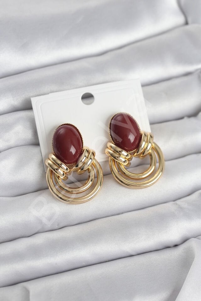 Pirinç Gold Renk Bordo Taşlı Vintage Kadın Küpe