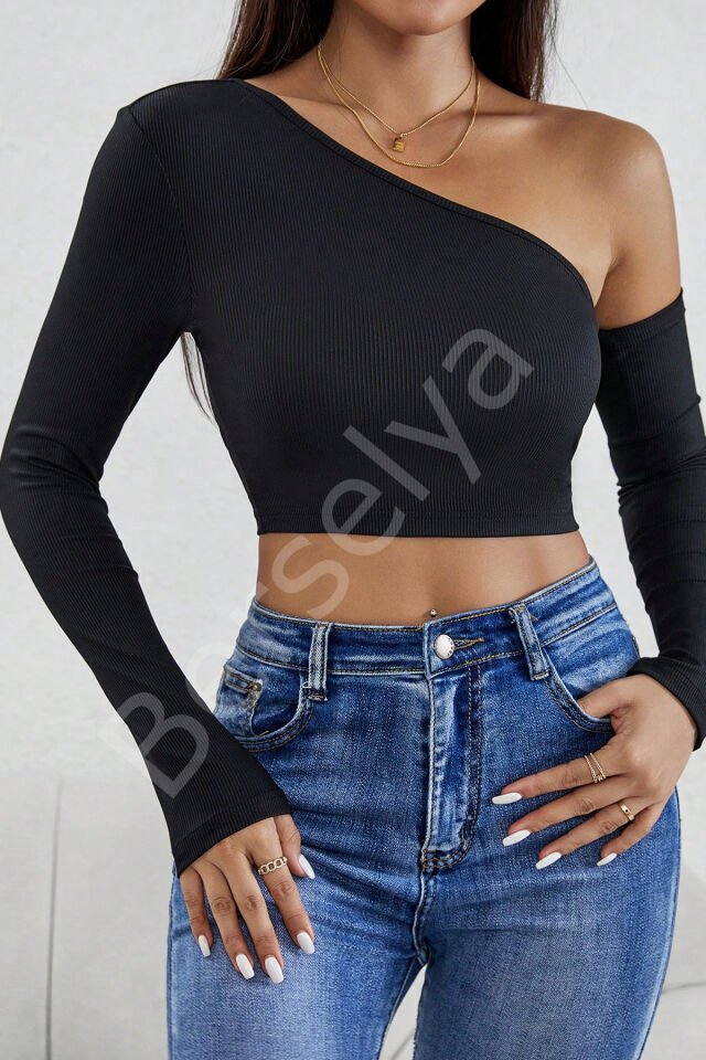 Kadın Siyah Tek Omuz Detaylı Uzun Kol Crop Top Bluz