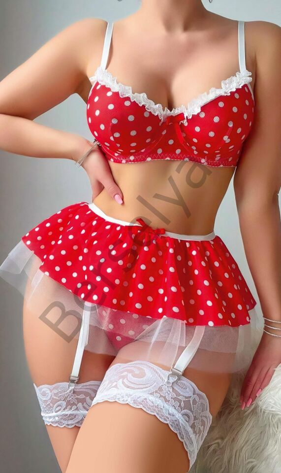 Kırmızı Puantiye Etekli Kadın Fantazi Seksi Kostüm 2082