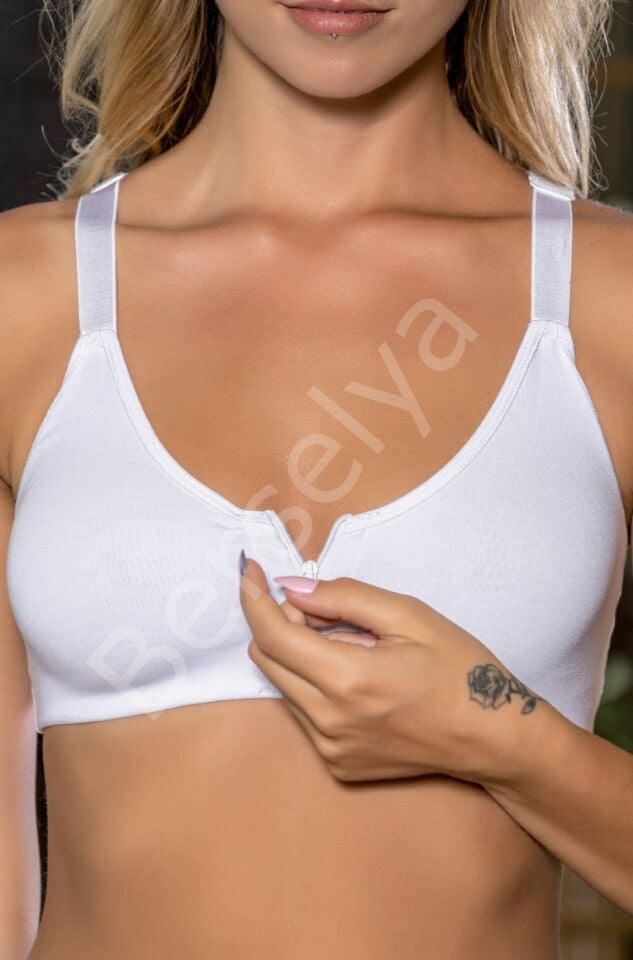 Beyaz Önden Fermuarlı Pamuklu Sütyen,günlük Ve Medikal Kullanım İçin, Kadın İç Giyim