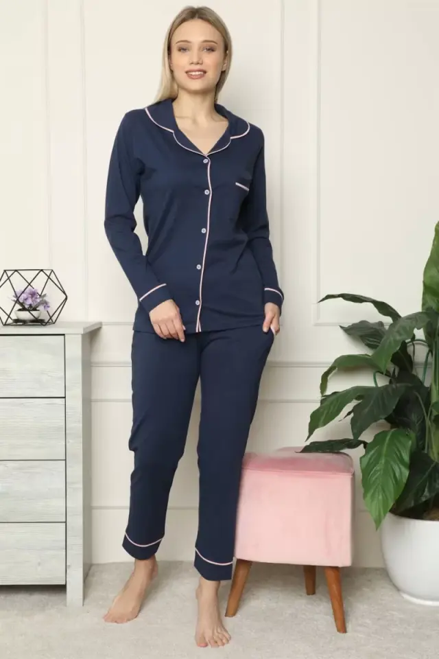 Kadın %100 Pamuk Penye Önden Düğmeli Uzun Kol Pijama Takım Lacivert