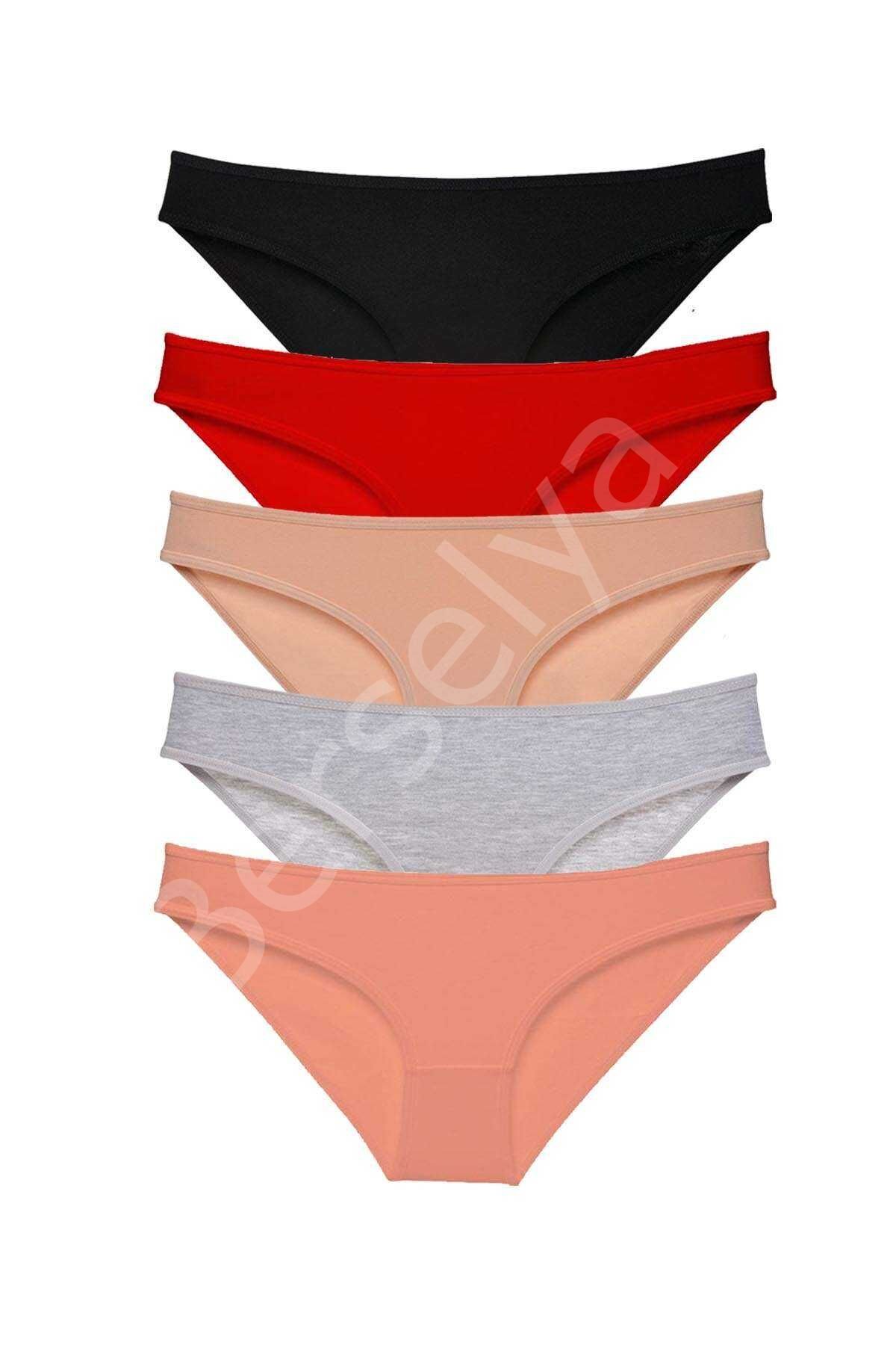 5 adet Süper Eko Set Likralı Kadın Slip Külot Siyah Kırmızı Ten Gri Pudra M