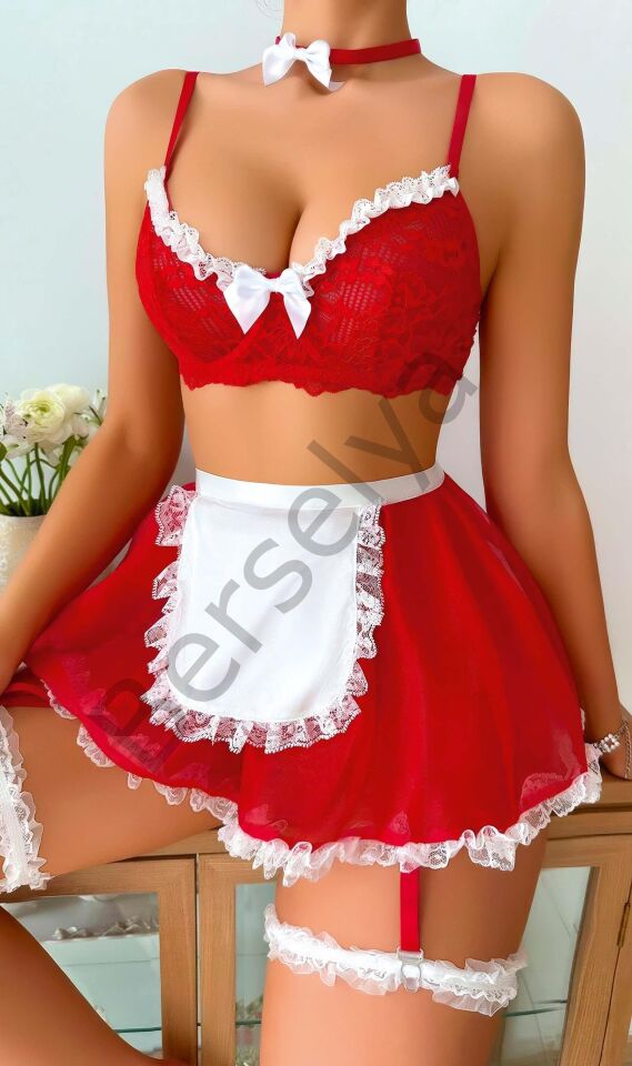 Kırmızı Tül Bacak Bantlı Etekli Fantazi Kadın Kostüm 3825