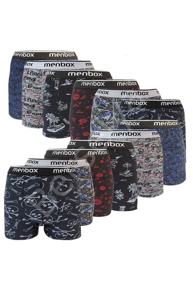 12 Adet Likralı Erkek  Boxer Karışık Desenli Pamuklu