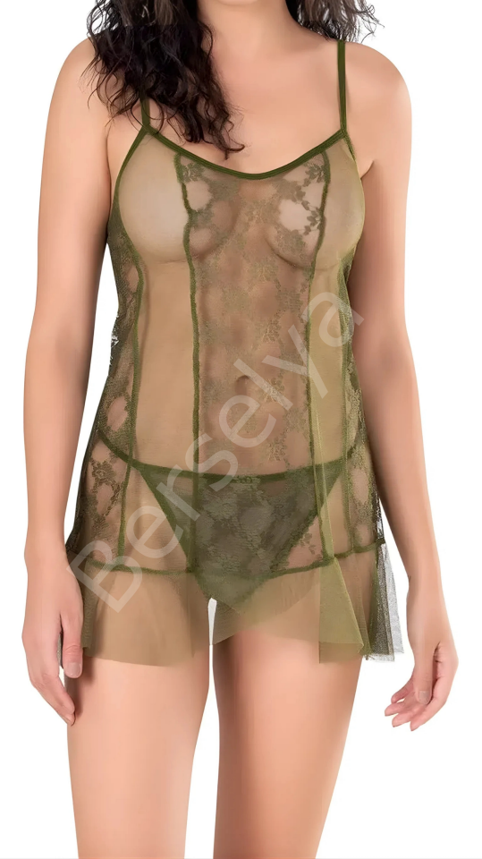 Luna Lora Haki Tül Mini Gecelik Zarif Kadın Gece Elbisesi