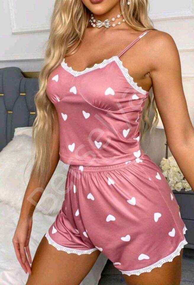 Kadın Pudra Kalp Desenli Seksi Gecelik Takım 6641