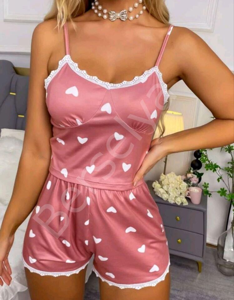Kadın Pudra Kalp Desenli Seksi Gecelik Takım 6641