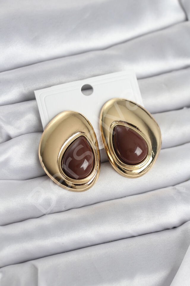 Pirinç Gold Renk Kahverengi Taşlı Damla Model Vintage Kadın Küpe