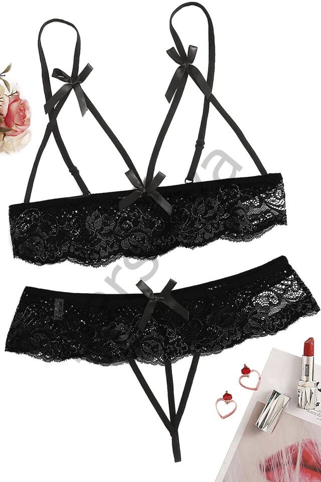 Özel Bölgesi Açık Siyah Fantazi İç Giyim Sütyen Külot