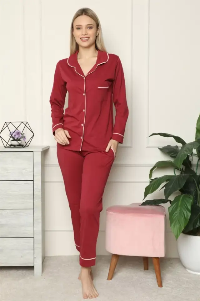 Kadın %100 Pamuk Penye Önden Düğmeli Uzun Kol Pijama Takım Bordo