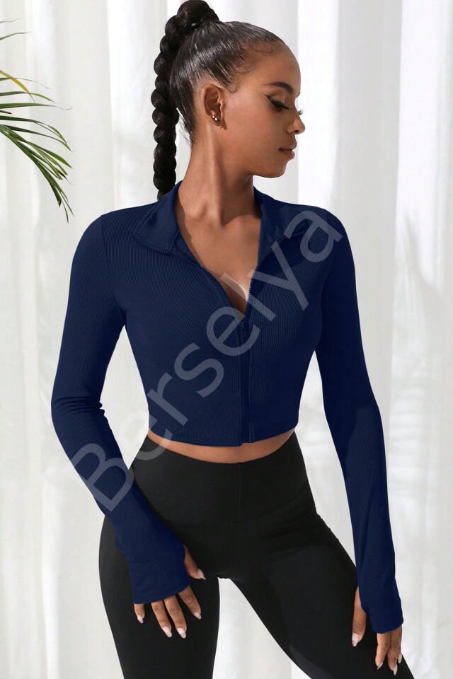 Kadın Lacivert Uzun Kol Fermuarlı Parmak Geçme Detaylı Dik Yaka Crop Top Bluz