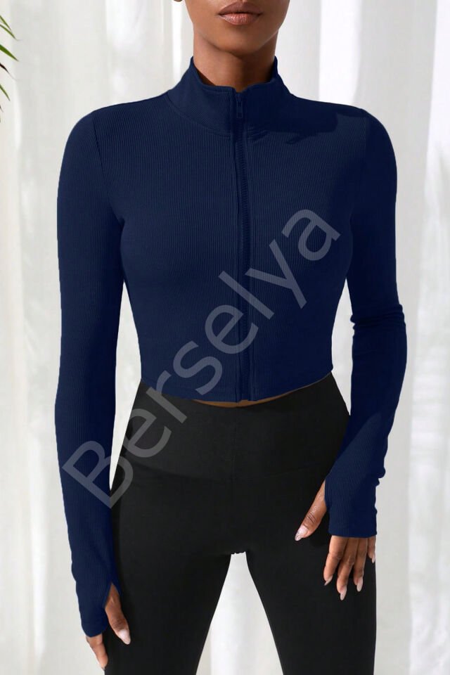 Kadın Lacivert Uzun Kol Fermuarlı Parmak Geçme Detaylı Dik Yaka Crop Top Bluz